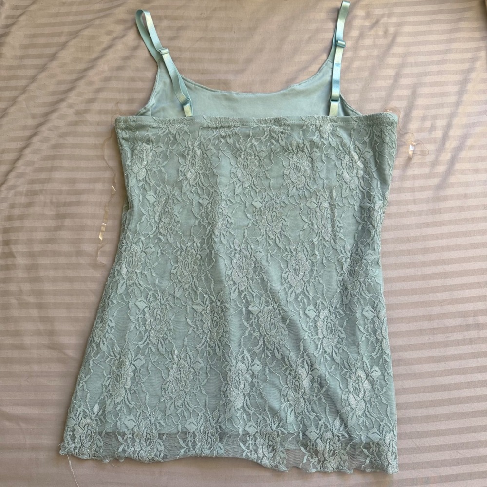 Fairycore Sage Green Floral Lace Camisole Metallic Shimmer Lined Top Large - Picture 6 of 6